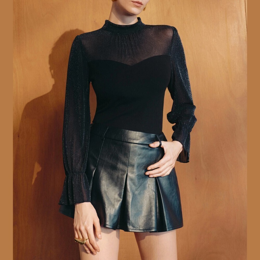 Black Sheer Mesh Sparkle Lurex Sweetheart Bishop Sleeve Blouse